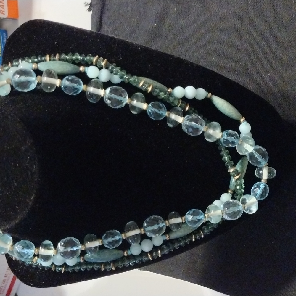 Monet Signed Light Green & Blue Beaded 3 Strand Gold Tone Collar Necklace 18"